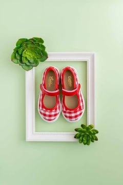 Berry-Kırmızı Keten Kareli Kız Çocuk Babet