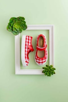 Berry-Kırmızı Keten Kareli Kız Çocuk Babet