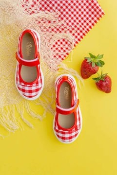 Berry-Kırmızı Keten Kareli Kız Çocuk Babet