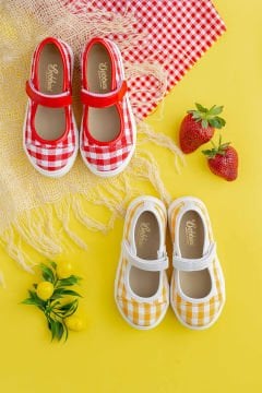 Berry-Kırmızı Keten Kareli Kız Çocuk Babet