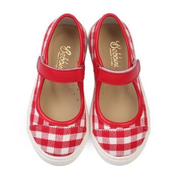 Berry-Kırmızı Keten Kareli Kız Çocuk Babet