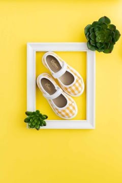 Berry-Sarı Keten Kareli Kız Çocuk Babet