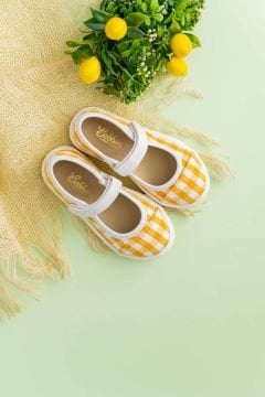 Berry-Sarı Keten Kareli Kız Çocuk Babet