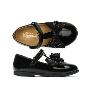 T-Bar Özel Gün Pullu Fiyonklu Siyah Vegan Kız Çocuk Babet