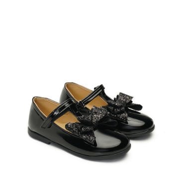 T-Bar Özel Gün Pullu Fiyonklu Siyah Vegan Kız Çocuk Babet