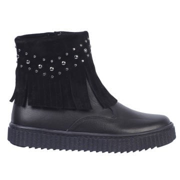 Polina-Siyah Püsküllü  Hakiki Deri Kız Çocuk Bot