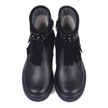 Polina-Siyah Püsküllü  Hakiki Deri Kız Çocuk Bot