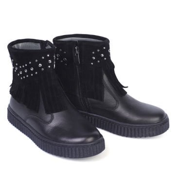 Polina-Siyah Püsküllü  Hakiki Deri Kız Çocuk Bot