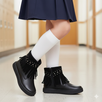 Polina-Siyah Püsküllü  Hakiki Deri Kız Çocuk Bot