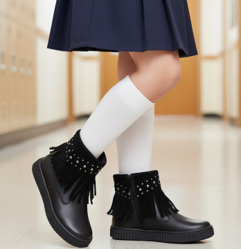 Polina-Siyah Püsküllü  Hakiki Deri Kız Çocuk Bot