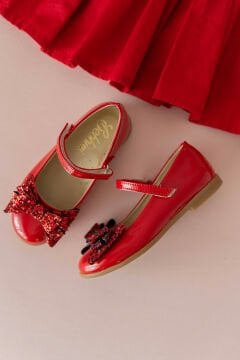 Linda-Özel Gün Fiyonklu Kırmızı Vegan Kız Çocuk Babet