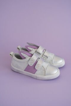 Kulaklı Gümüş Lila Cırtlı Hakiki Deri Kız Çocuk Ayakkabı