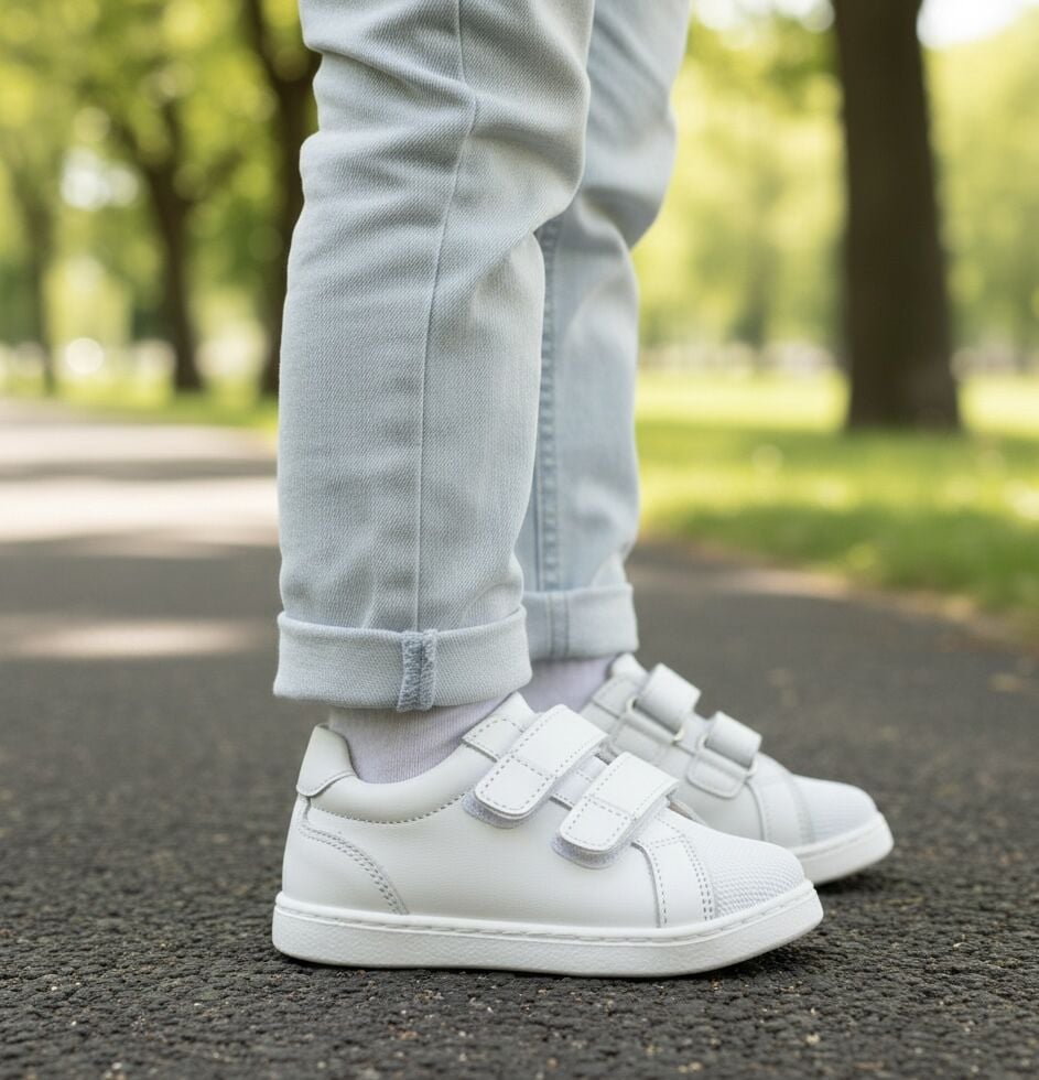 Ecco- Beyaz Cırtlı Hakiki Deri Ortopedik  Çocuk Spor Ayakkabı