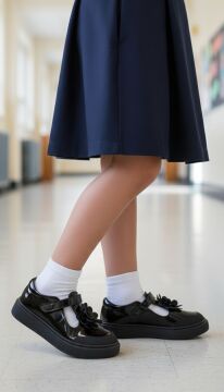 Este Siyah Hakiki Deri Kız Çocuk Okul Ayakkabı