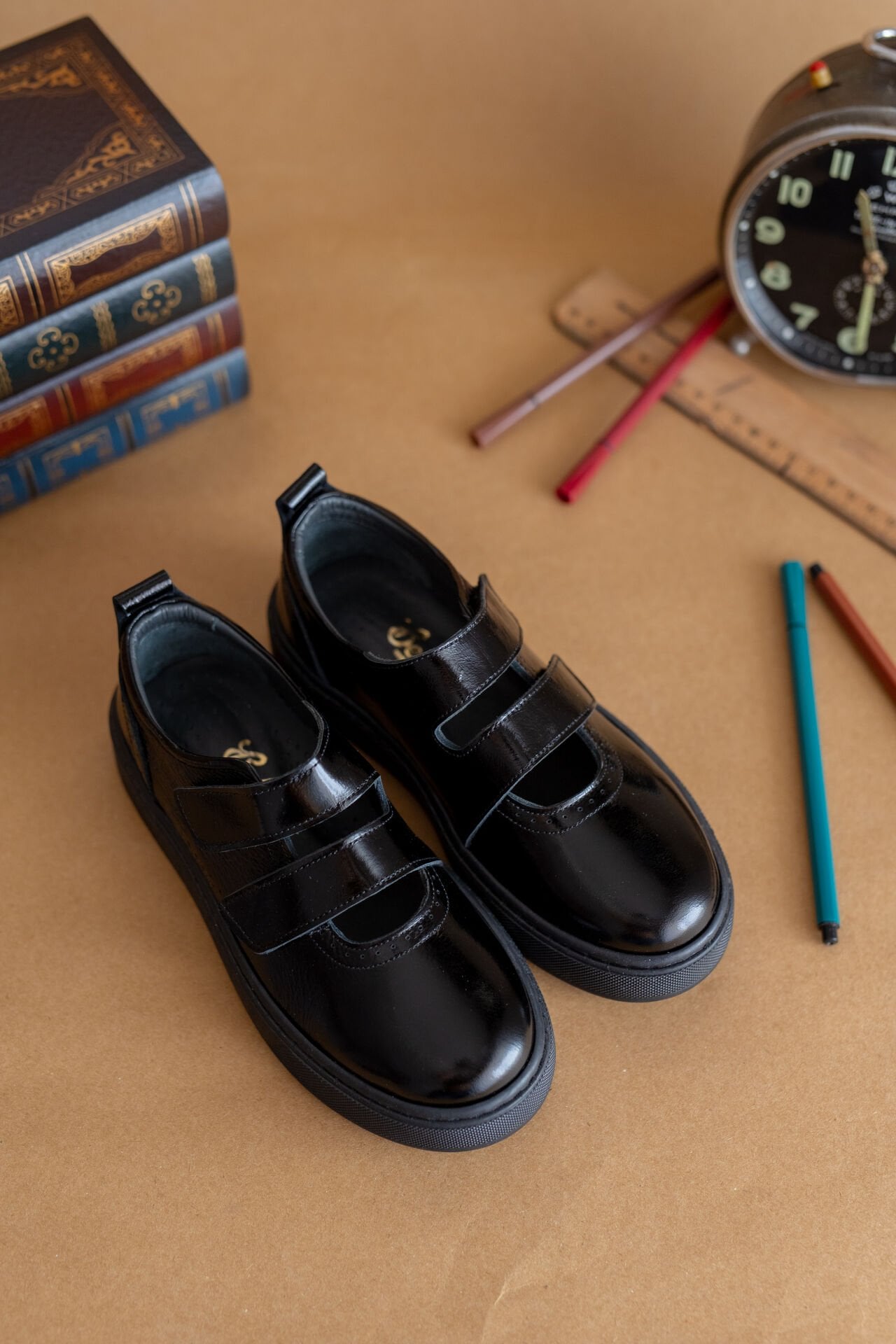 Twin-Siyah  Hakiki Deri Kız Çocuk Okul Ayakkabı